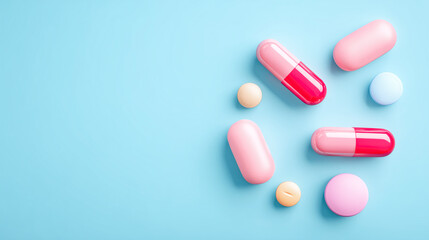 Colorful capsules and round tablets in pastel pink, blue and beige arranged on a bright blue background