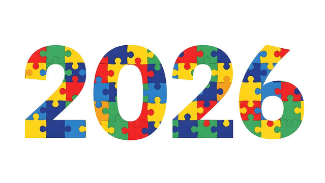 Colorful puzzle pieces forming the year 2026 celebrating autism awareness and inclusivity