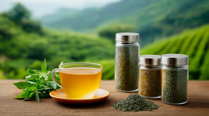 Glass cup of herbal tea with fresh leaves and assorted dried tea blends in jars on a wooden