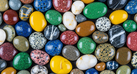 Stunning array of colorful river rocks, perfect for wellness designs, nature backgrounds, and serene, grounded visual effects