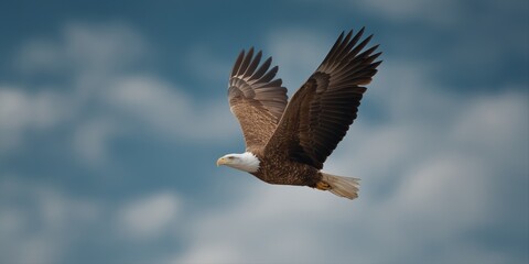 Obraz premium Majestic bald eagle in flight with outstretched wings against blue sky