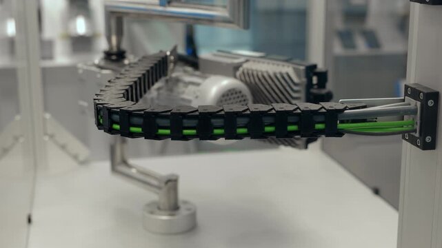 Industrial cable carrier guiding electrical and control cables on an automated machine setup. Flexible drag chain system used for safe cable routing in robotics and manufacturing environments.