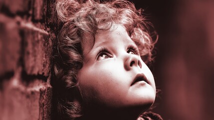 A Child's Gentle Gaze: A captivating sepia-toned image of a young child with wide, innocent eyes gazing upward, reflecting a sense of wonder and curiosity.