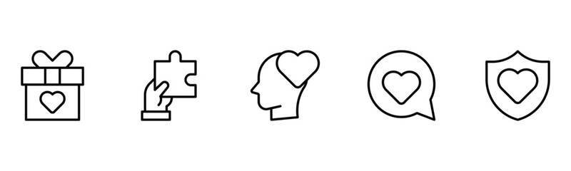 Heart, love, care, help, charity, and donation outline icons are set isolated on a white background in a flat vector illustration.