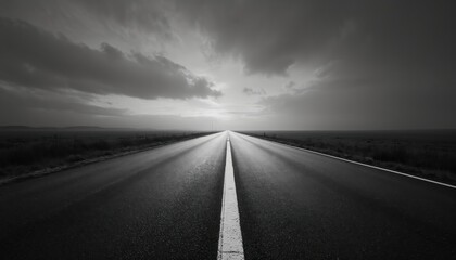 Empty road stretches far into distant horizon under dramatic, cloudy sky. Dark asphalt highway goes through plain rural landscape. Long white line clearly marks center. Brings ideas of journey,