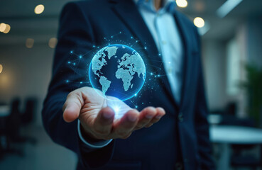 Man in suit holds glowing digital earth on palm showing world wide network. Futuristic business concept of global connection and data sharing in modern office.