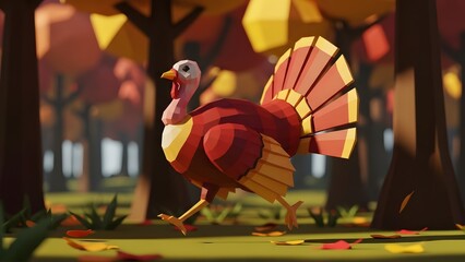 Low Poly Turkey Running in Vibrant Autumn Forest perfect for website banner, social media post, blog illustration, greeting card, holiday marketing, menu design