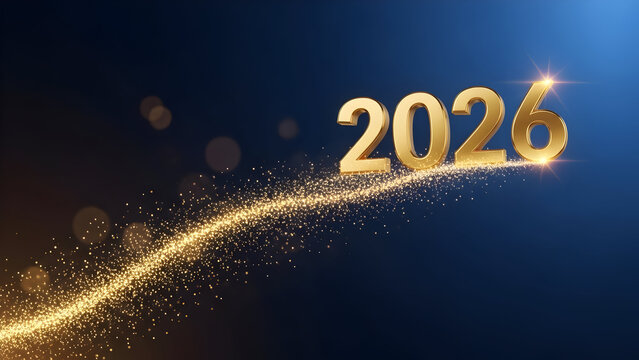 Golden 2026 year number illuminated by sparking trail of light and bokeh on dark blue background - Powered by Adobe