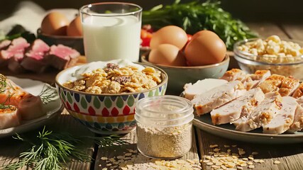 Fresh eggs, meats, and dairy delights spread across a table in high definition 4K UHD, capturing the concept of wholesome abundance perfect for use cases such as highlighting meal delivery.