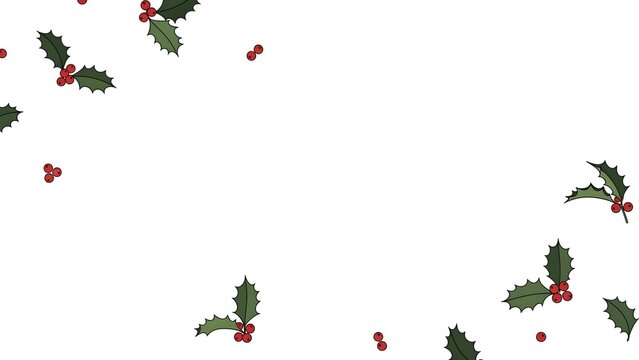 Scattered Holly Leaves and Red Berries on White Background for Christmas Design perfect for Greeting cards, invitations, website banners, social media posts,