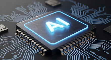 AI Microchip Processor with Blue Light Circuit Board