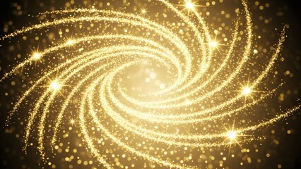 Abstract golden spiral of sparkling light trails and glitter particles creating a magical galaxy effect on a dark background