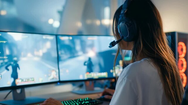 Focused female gamer participates in an intense multiplayer session, surrounded by high tech gear and colorful PC lights. Competitive esports atmosphere and digital entertainment environment