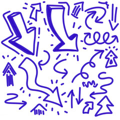 Collection of blue hand drawn arrows with curved and zigzag shapes on a black background