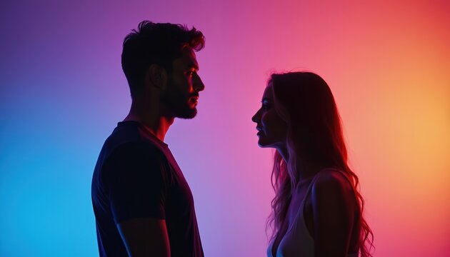Two people face each other in profile against gradient background. Man and woman in silhouette with light. Couple shows love emotion with colorful lighting portrait together.