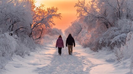 Two people wander hand in hand along a snowy path, surrounded by frosted trees. The warm hues of sunrise create a serene atmosphere in the winter landscape