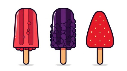 Three Delicious Fruit Popsicles on a White Background.