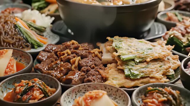 A generous assortment of Korean inspired dishes fills this inviting table setting with steaming pots of flavorful soup, colorful bowls filled with various small plates and appetizers.