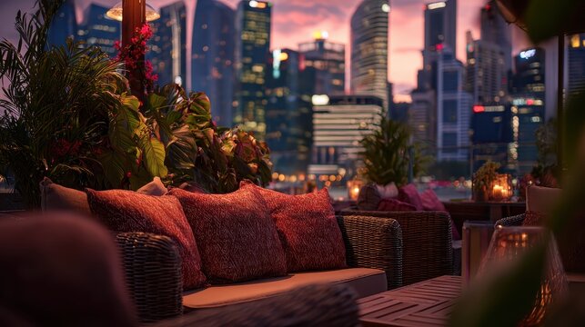 Skyline Oasis: A serene urban oasis, a cozy outdoor setting featuring plush cushions on a comfortable sofa, invites relaxation.