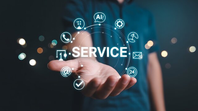 Person touching a holographic display of service icons and text in dark setting