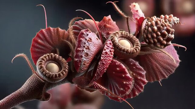 A captivating close-up of a unique red plant pod reveals intricate details and textures, perfect