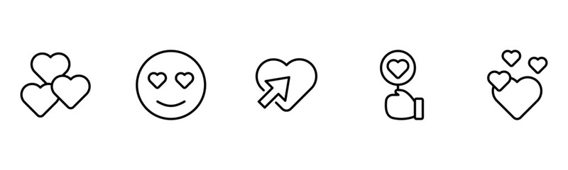 Heart, love, care, help, charity, and donation outline icons are set isolated on a white background in a flat vector illustration.