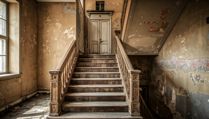 Old wooden staircase leading to a closed door in a vintage building