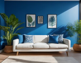 stylish sunlit home interior featuring a comfortable white couch green plants and striking blue walls for a fresh modern look