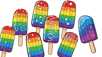 Vibrant Rainbow Popsicles with Swirls and Stars.