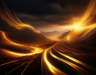 abstract golden light flowing over dark plains background