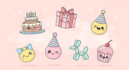 Cute birthday party icons set on pastel pink background  