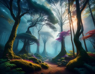 mystical forest a tranquil scene of fog trees and serene atmosphere