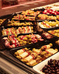 Close-up Display of Skewered Spanish Tapas with Cheese, Olives, and Seafood at La Boqueria Market in Barcelona