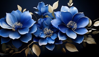 elegant blue flowers blooming with delicate petals and lush foliage against a dark background