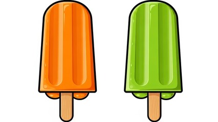 Two colorful popsicles, one orange and one green, on white background.