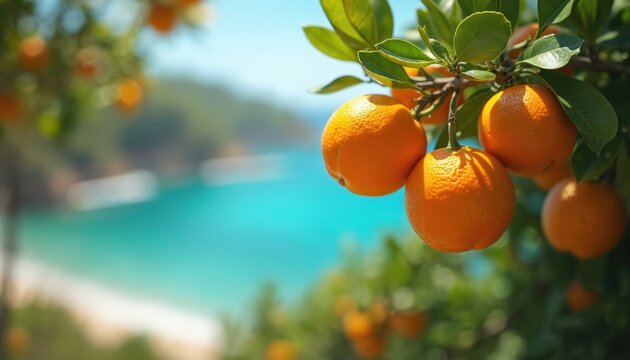 Orange tree branch against blue sea background. Ripe oranges with leaves grow on citrus plantation farm. Scenic landscape view of agriculture garden with fresh fruits.