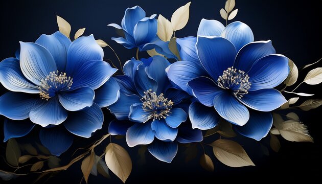 elegant blue flowers blooming with delicate petals and lush foliage against a dark background