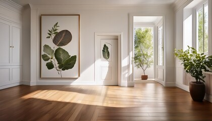 elegant sunlit home hallway with classic white wainscoting a wooden floor and a minimalist botanical artwork