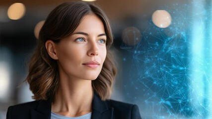 Portrait of a serene woman in business attire standing against a digital network background, symbolizing innovation and AI. She radiates confidence, focus, and mindfulness in a high tech environment