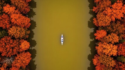 Kayak exploring Autumn river Aerial view of colorful fall foliage.