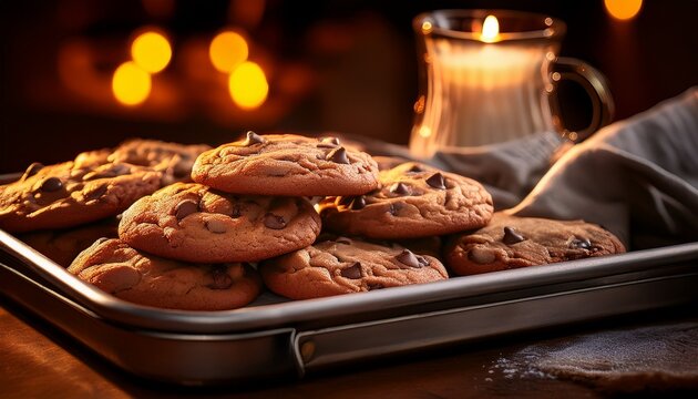 warm chocolate chip cookies bask on a tray evoking hygge coziness and world baking day indulgence