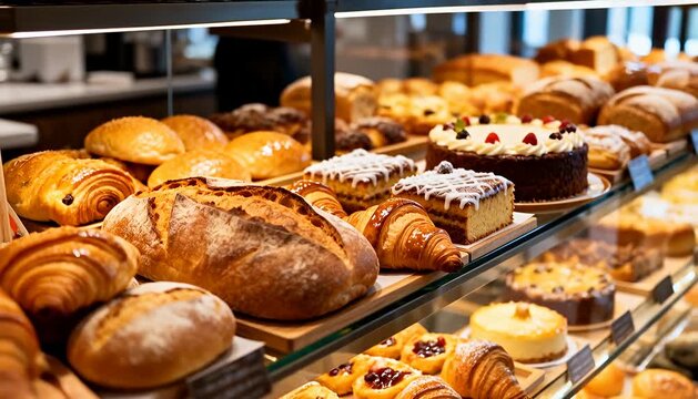Bakery display case overflowing with fresh bread, croissants, and cakes bakery bread croissants, pastries.