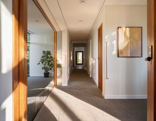 sunlit hallway with doors and artwork clean and modern interior design