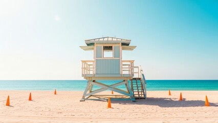 Pastel Beach Scene Lifeguard Tower on Sunny Sand with Serene Ocean View.