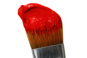 Paintbrush with vivid red paint on bristles, symbolizing art, creativity, passion, and artistic expression, transparent background