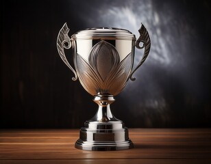 a silver trophy cup sits on a wooden surface with a dark background