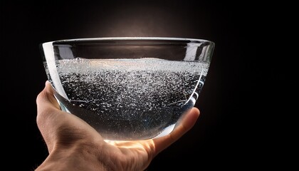 a hand holding a glass bowl filled with sparkling water or clear liquid against a dark background