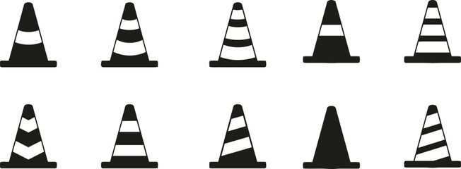 traffic cone, cone, safety, warning, construction, barrier, alert, signal, striped, pattern, icon, set, collection, hazard, road, traffic, equipment, symbol, design, graphic, navigation, caution, temp