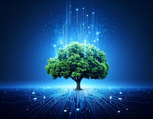 A vibrant green tree with digital circuit lines and particles over a blue background