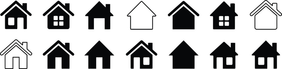 house, home, building, icon, symbol, graphic, design, element, illustration, architecture, real estate, property, residence, shelter, silhouette, black and white, set, collection, dwelling, roof, wind